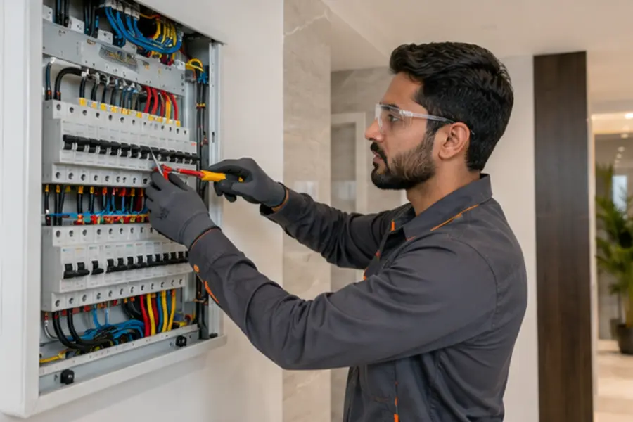 Electrician working on a modern electrical panel