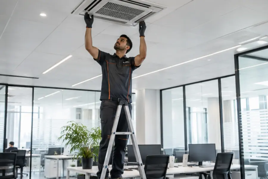 Technician maintaining a modern Dubai office